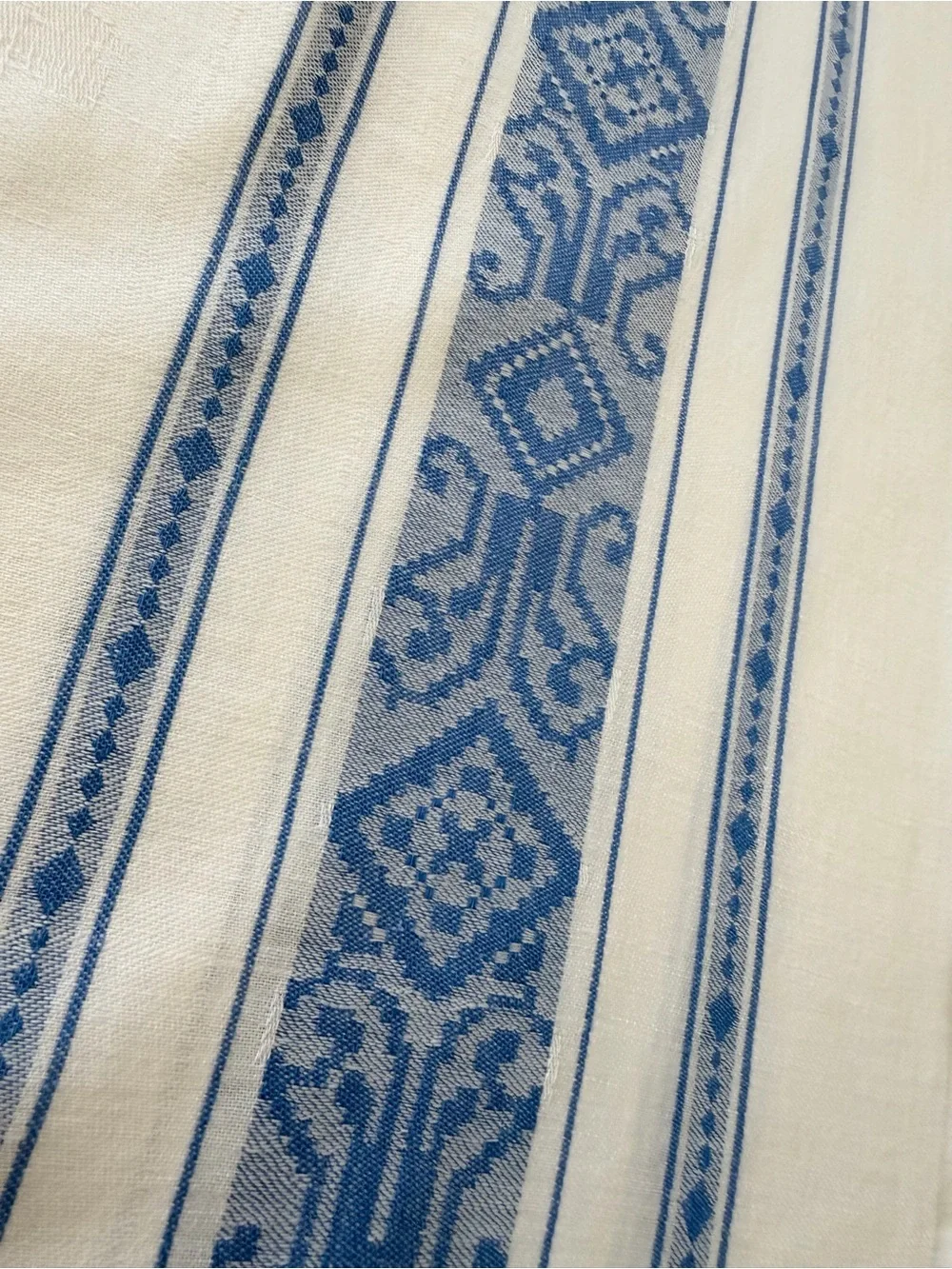 Vintage Damask Woven Textile Tablecloth w/ Woven Geometric Stripe. 55x75 Blue
